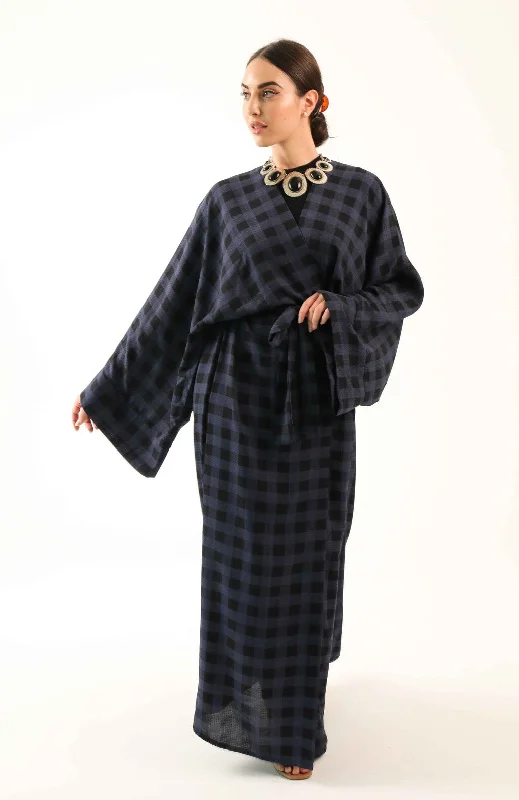 affordable women's pajama setsNavy Chessboard Kimono