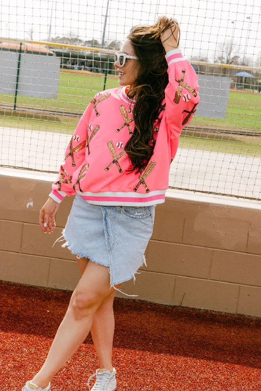 Women's Hooded Sweatshirts with Quick-Dry FabricNeon Pink Scattered Baseball Bat Sweatshirt