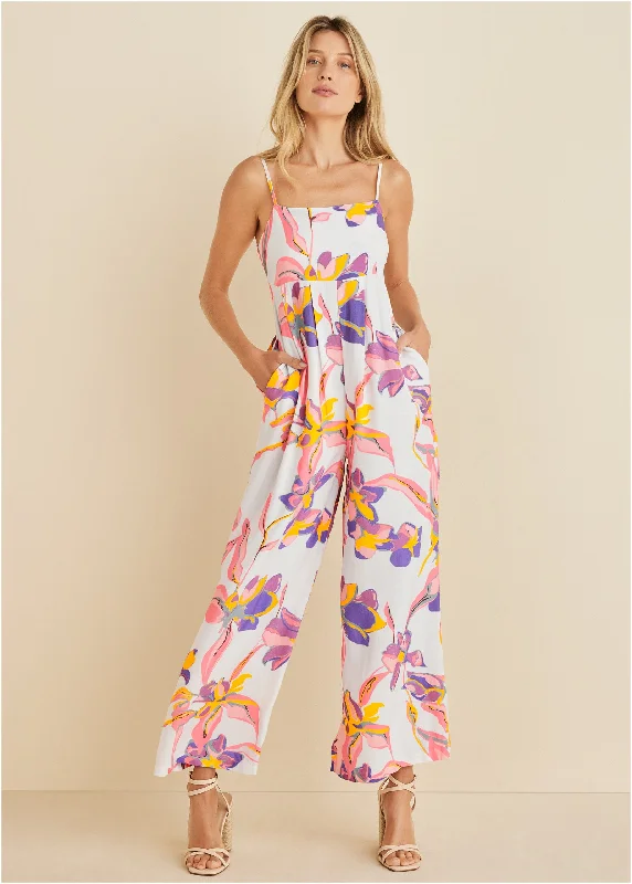 Women's Jumpsuits with BeltSquare Neck Printed Jumpsuit  - White Multi