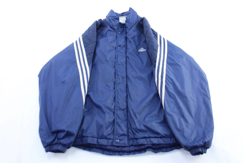 Women's Coats with Fur Trimmed ButtonsVintage Adidas Embroidered Logo Blue & White Striped Zip Up Jacket