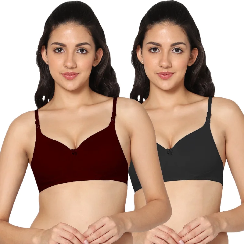 plus-size wireless braT-shirt Medium Coverage Padded Maroon and Black Color Bra (Pack of 2)