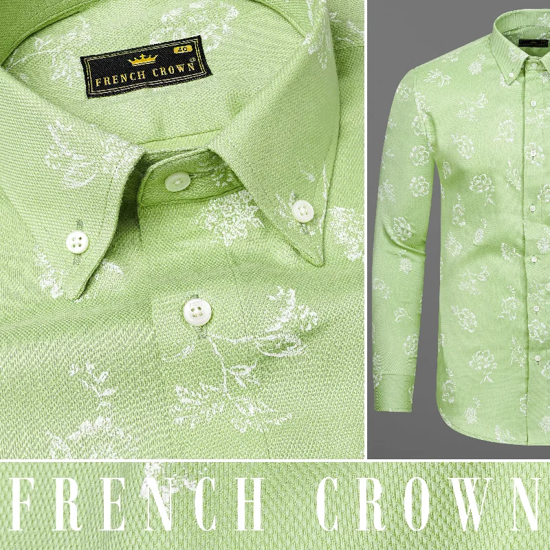 Women's Blouse with ZipperPale Olive Green With White Floral Dobby Textured Premium Giza Cotton Shirt