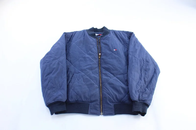 Women's Coats with Fur Trimmed CollarTommy Hilfiger Embroidered Logo Blue Bomber Jacket