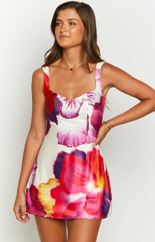 Women's Boat-Back DressesPansy Pink Floral Sleeveless Mini Dress