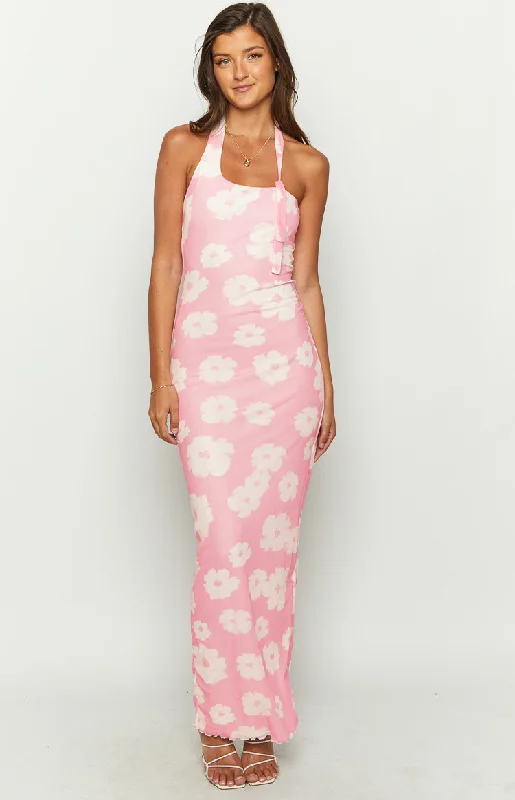 Women's Ruffled DressesAimee Pink Floral Maxi Halter Dress