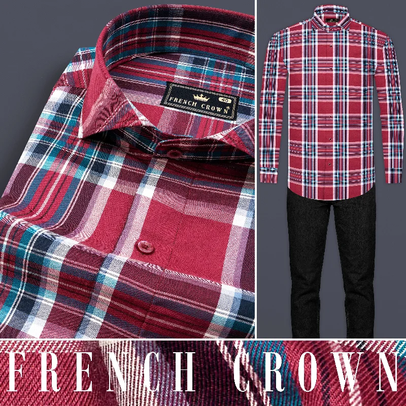 Women's Blouse with High CollarClaret Wine with Multicolored Plaid Twill Premium Cotton Shirt