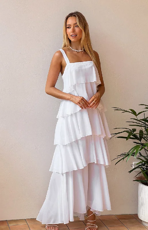 Women's V-Shaped Collar DressesBrielle White Layered Frill Maxi Dress