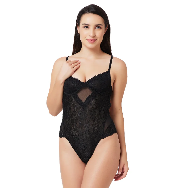 full-body suit with long legs for full coverageBody In Lace And Mesh With Underwire Bodysuit Black