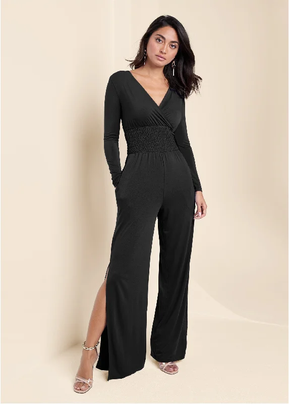 Women's Jumpsuits with Low WaistSmocked Waist Jumpsuit - Black