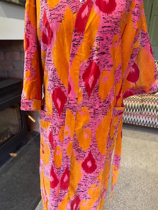 women's pajamas with a whimsical charmMIRANDA Hot pink and Zingy orange velvet dressing gown