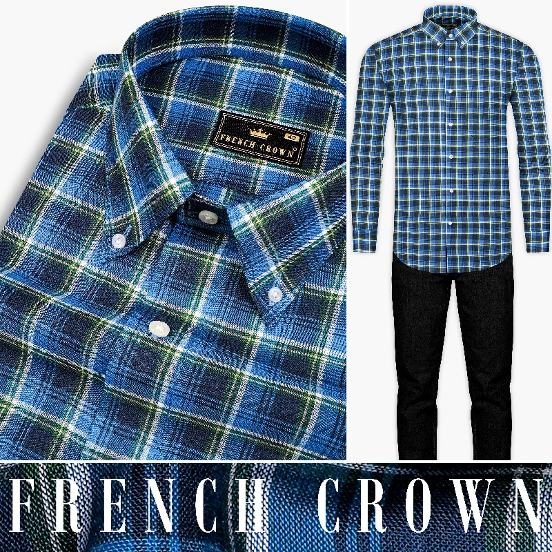 Women's Blouse with Sweetheart CollarHavelock Blue with Cloud Burst Plaid Premium Cotton Shirt