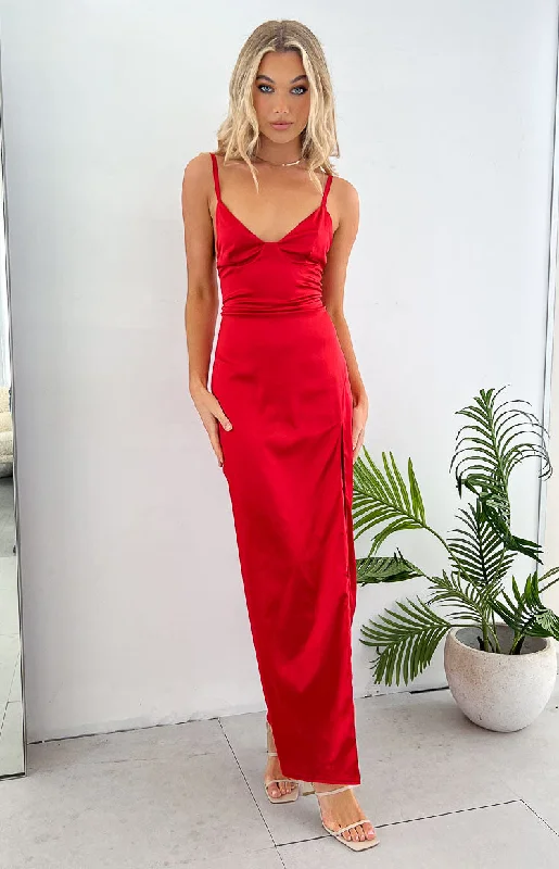 Women's Boat-Neck DressesFreesia Red Formal Maxi Dress