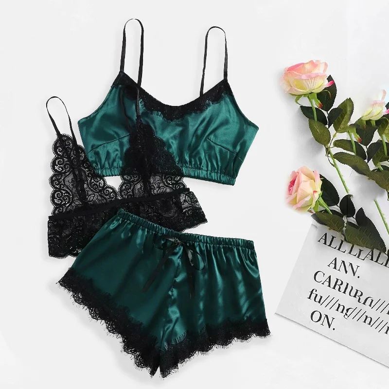 convertible bra with hook-and-eye closureLucky Green - Lace Satin Loungewear set