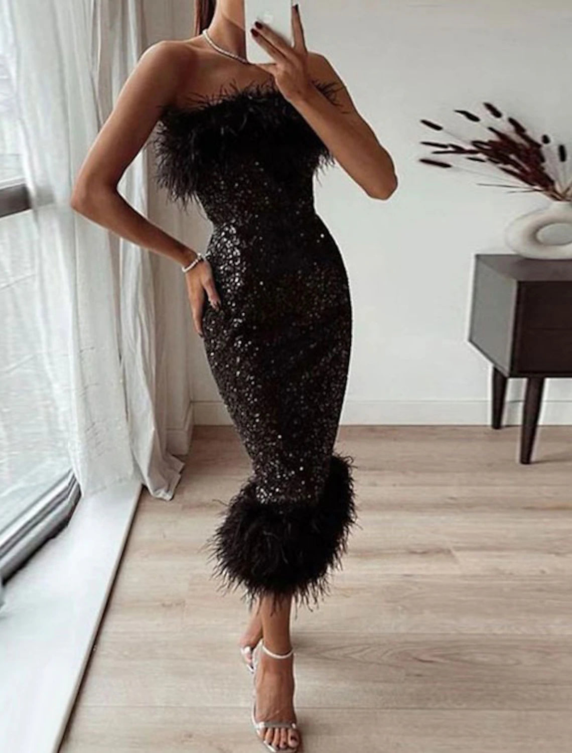 Women's Mandarin Collar DressesSheath / Column Cocktail Black Dress Sparkle & Shine Dress Party Wear Wedding Guest Tea Length Sleeveless Strapless Sequined with Feather Sequin