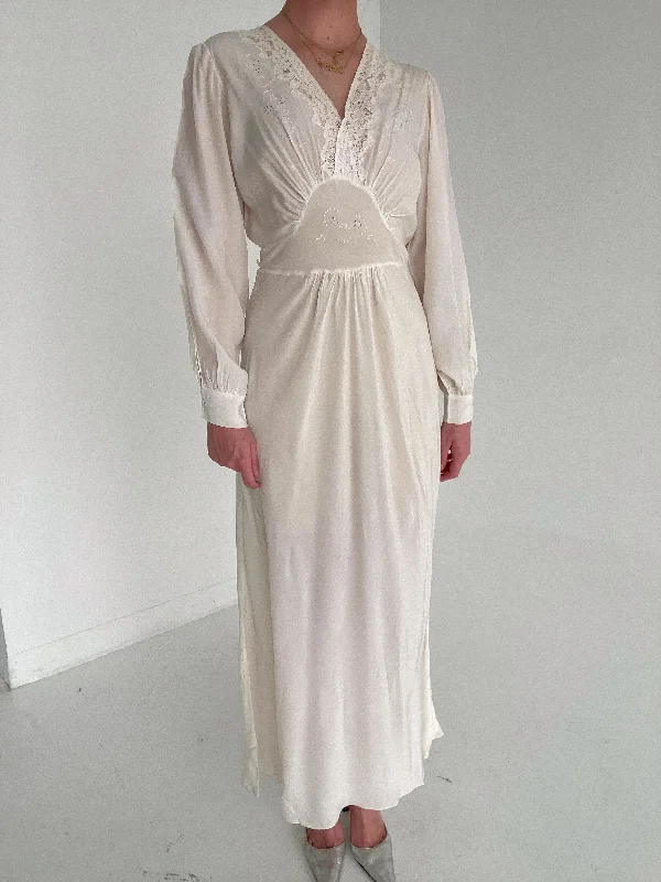 women's pajamas with a charming, vintage aesthetic1930's White Silk Long Sleeve  Dress