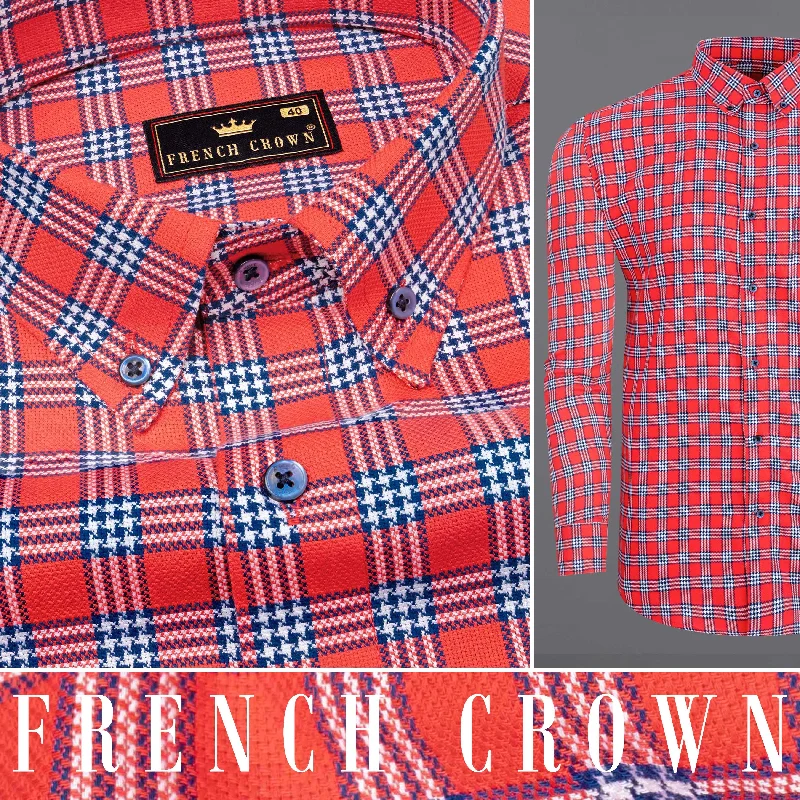 Women's Blouse with BeltCinnabar Red Checkered Dobby Textured Premium Giza Cotton Shirt