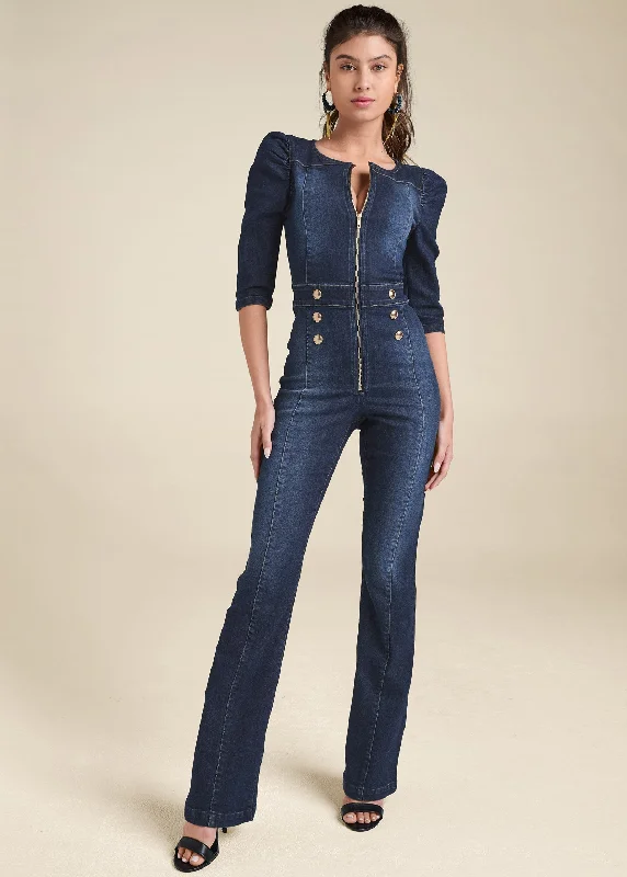 Women's Jumpsuits with Rounded HemDenim Zip Jumpsuit - Dark Wash