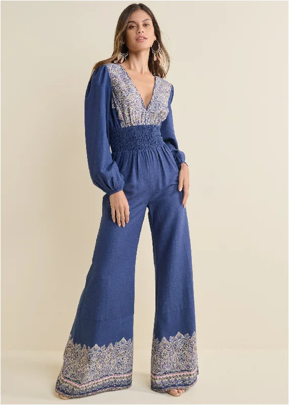 Women's Jumpsuits with Flared LegPrinted Wide Leg Jumpsuit - Blue Multi