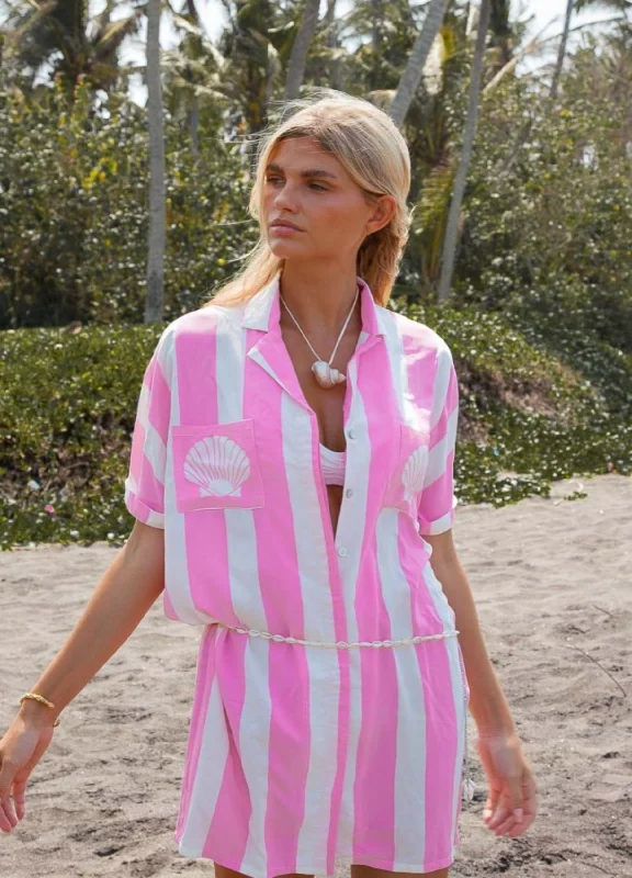 Women's Blouse with Shawl CollarPalm Collective - Candyman Shirt Dress - Pink Stripe