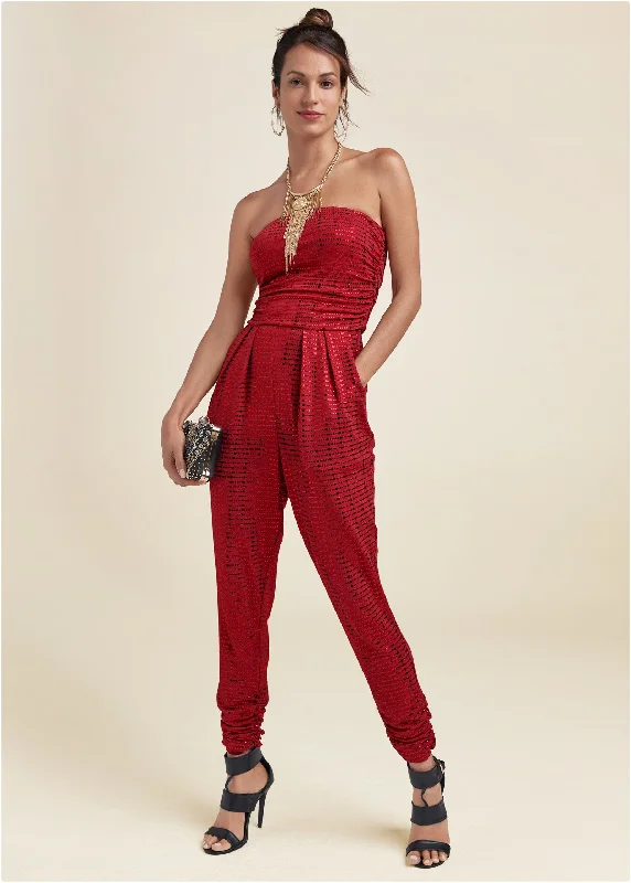 Women's Jumpsuits with Mandarin CollarRuched Sequin Jumpsuit - Red