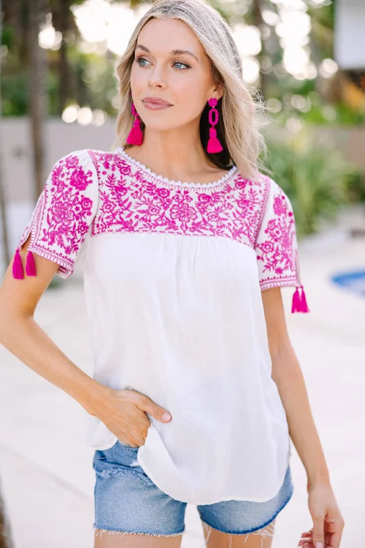 Women's Comfortable ShortsAll The Info I Need Magenta Pink Embroidered Top