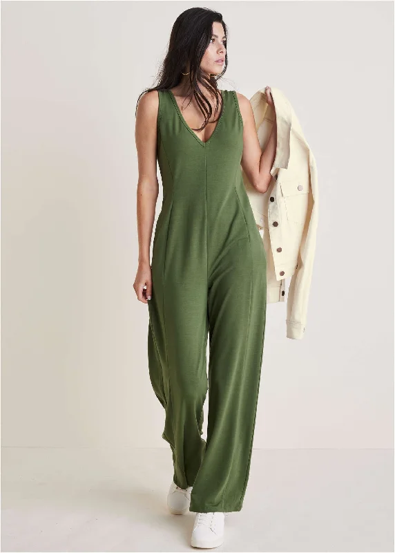 Women's Jumpsuits with Shawl CollarRelaxed V-Neck Jumpsuit - Bronze Green