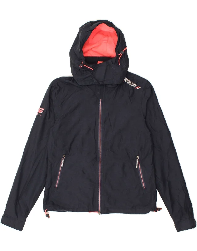 Stylish Women's CoatsSUPERDRY Womens Hooded Windbreaker Jacket UK 14 Medium Navy Blue Nylon