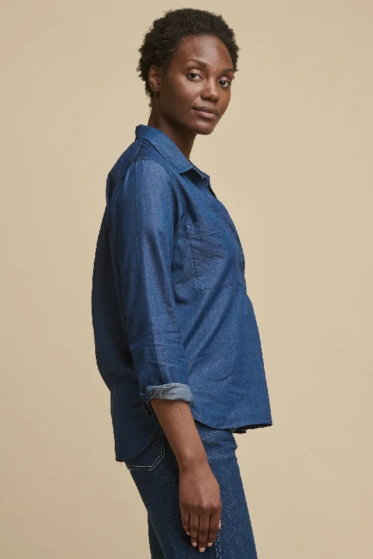 Women's Blouse with Notched CollarWomen's Olivia Half Placket Lightweight Denim Shirt - Indigo