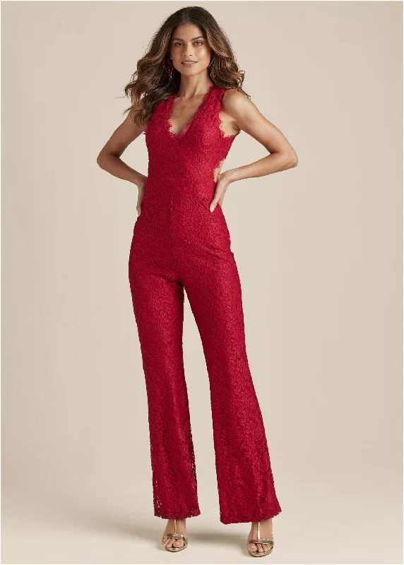 Women's Jumpsuits with Short LengthOpen Back Lace Jumpsuit - Red