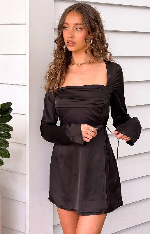 Women's Low-Neck DressesLucy Black Satin Long Sleeve Mini Dress