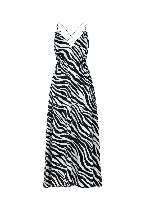 women's pajamas with a blend of comfort, style, and functionalityZebra Print Open Back Silk Maxi Dress