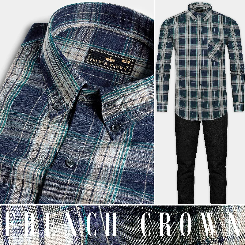 Women's Blouse with Collarless DesignEbony Clay Blue and Jour Cream Green Twill Plaid Premium Cotton Shirt