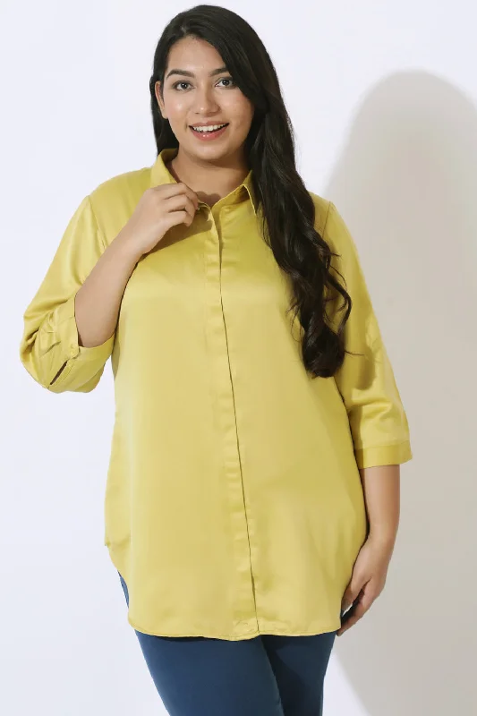 Women's Blouse with U-Shaped CollarPlus Size Yellow Satin Shirt