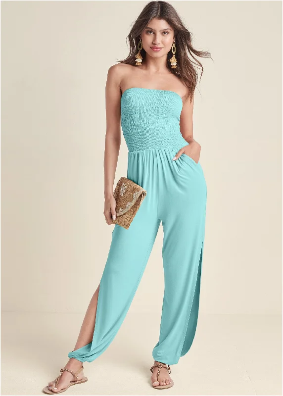 Women's Jumpsuits with Peter Pan CollarSmocked Side Slit Jumpsuit - Mint