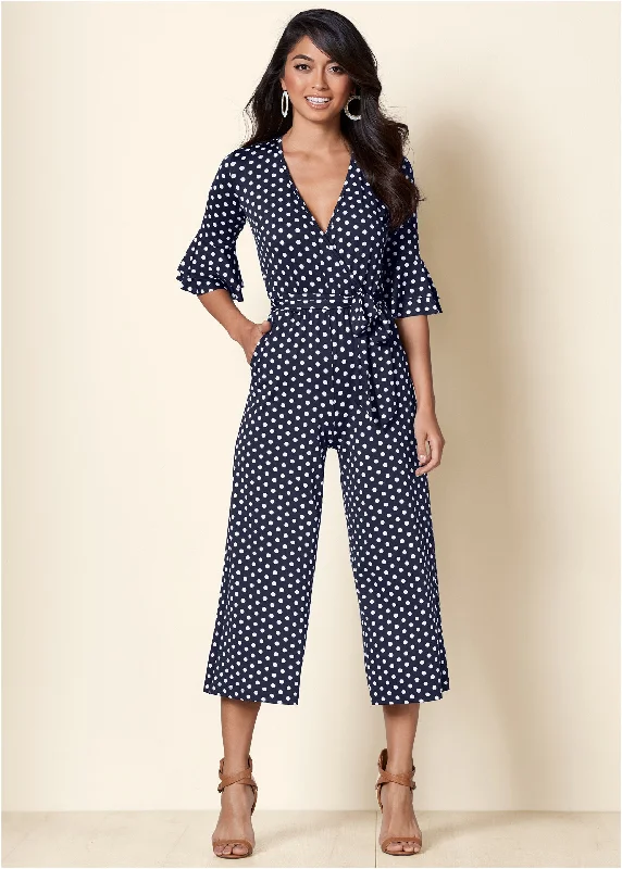 Women's Jumpsuits with V-Shaped CollarPolka Dot Jumpsuit - Navy & White