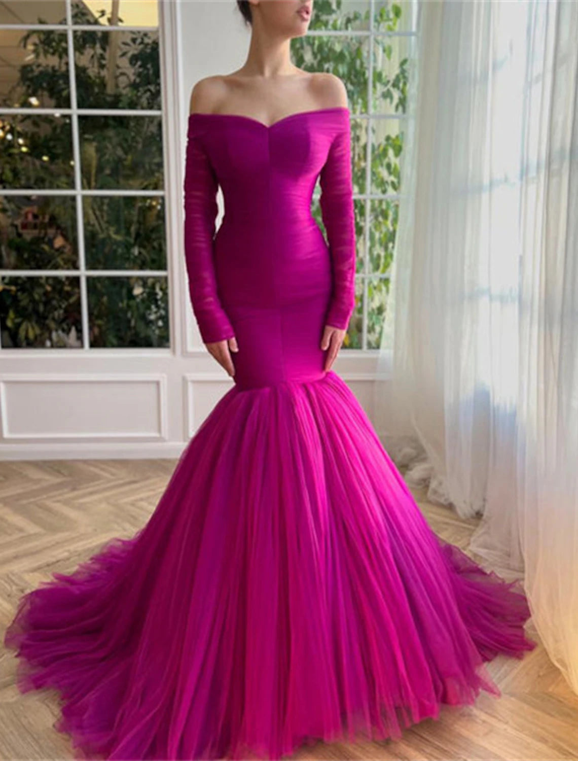 Women's Strapless DressesMermaid Christmas Red Green Dress Evening Gown Elegant Dress Wedding Guest Wedding Party Court Train Long Sleeve Off Shoulder Tulle with Ruched