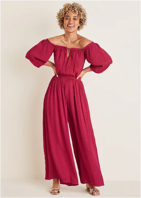 Women's Jumpsuits with Sweetheart CollarOff-The-Shoulder Jumpsuit - Red