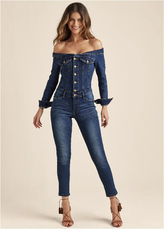 Women's Jumpsuits with High WaistOff-The-Shoulder Denim Jumpsuit - Dark Wash