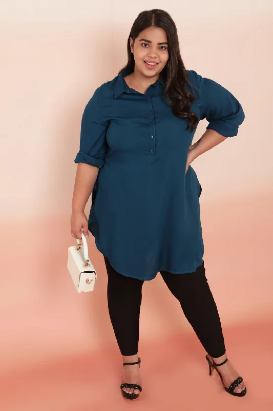 Women's Blouse with Keyhole CollarTeal Longline Shirt