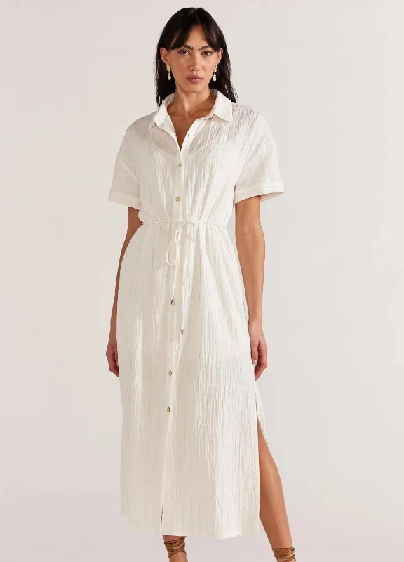 Women's Blouse with Boat CollarStaple the Label - Short Sleeve Maya Shirt Dress - White/Beige