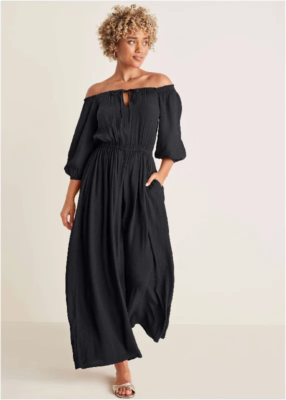 Women's Jumpsuits with Shirt CollarOff-The-Shoulder Jumpsuit - Black