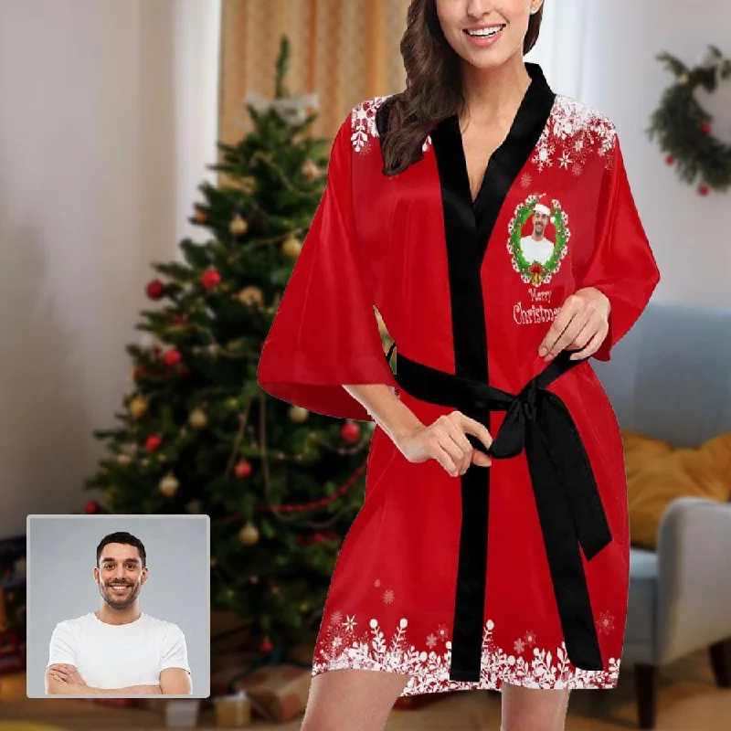 women's pajamas for everyday loungingCustom Face Pajama Robe Christmas Wreath Women's Personalized Nightgown