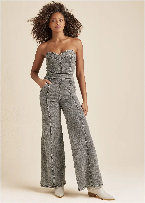 Women's JumpsuitsWide Leg Denim Jumpsuit - Grey Washed Denim