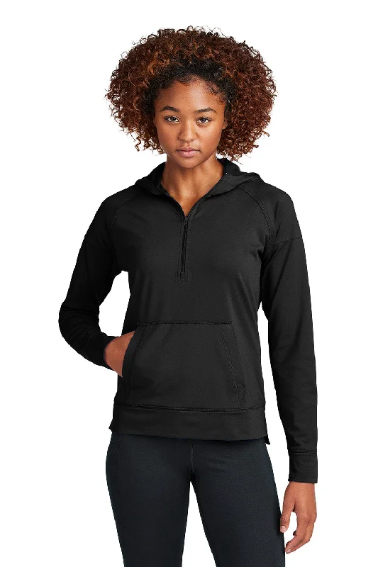 Women's Hooded Sweatshirts with Camouflage LiningSport-Tek Womens Sport-Wick Moisture Wicking 1/4 Zip Hooded Sweatshirt Hoodie w/ Pouch Pocket - Black - New