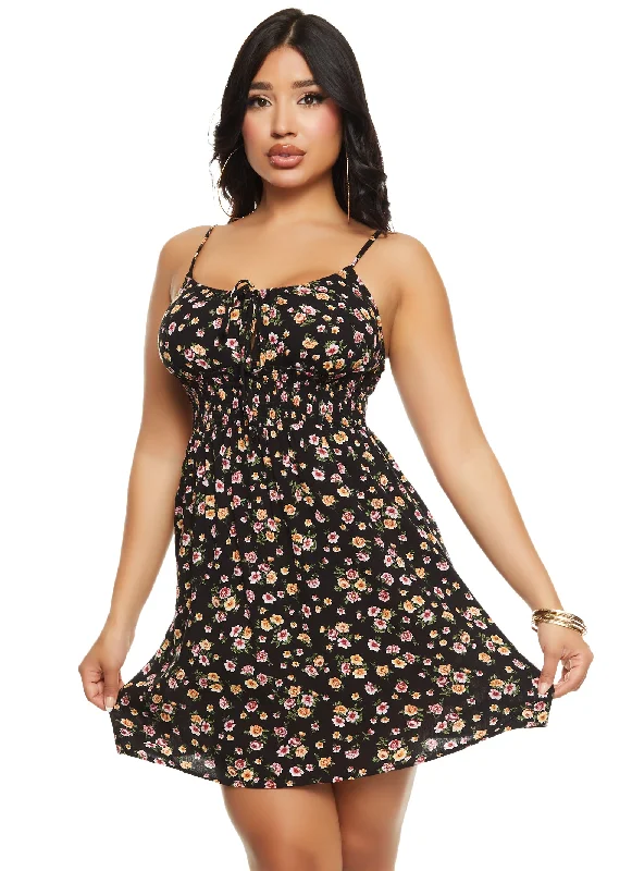 Women's V-Shaped Collar DressesFloral Print Keyhole Smocked Back Cami Dress