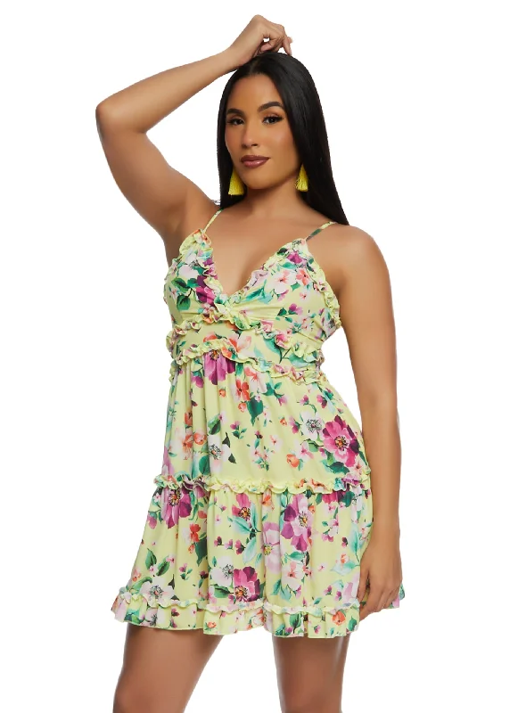 Women's Keyhole-Neck DressesIris Floral V Neck Tiered Ruffle Sundress