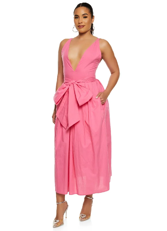 Women's Low-Neck DressesPoplin Plunge Tie Waist A Line Dress