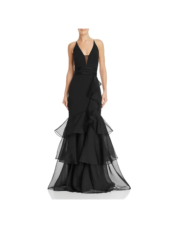 Women's Collarless DressesWomens Silk Ruffled Evening Dress