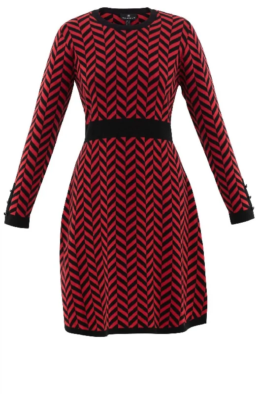 Women's Long Length Sweaters2-Tone Chevron Sweater Dress In Red/black