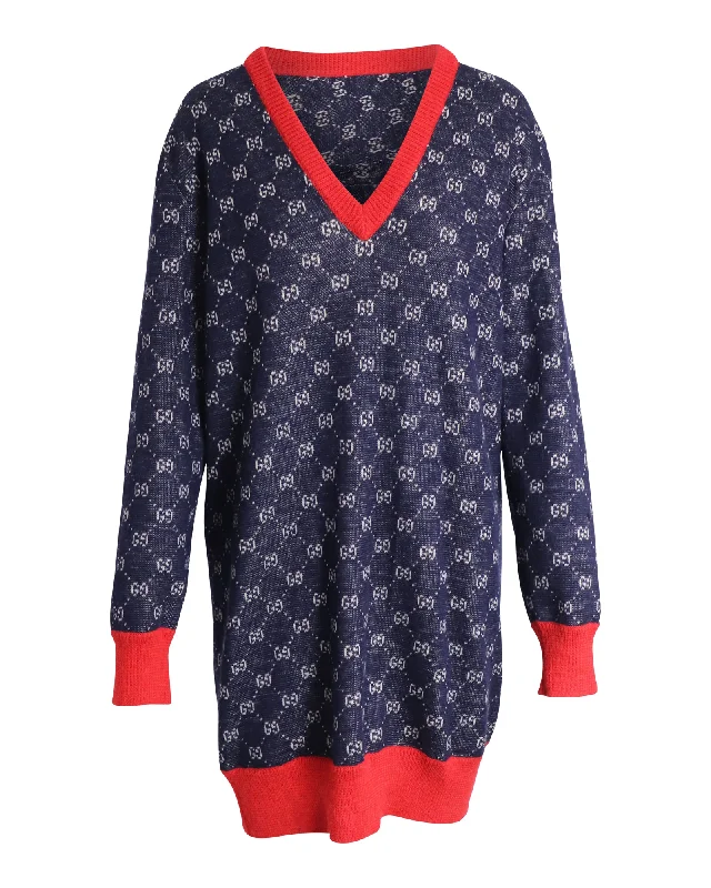 Women's Shawl Collar SweatersGucci Bicolor Logo Patterned Knit Sweater Dress in Blue Wool